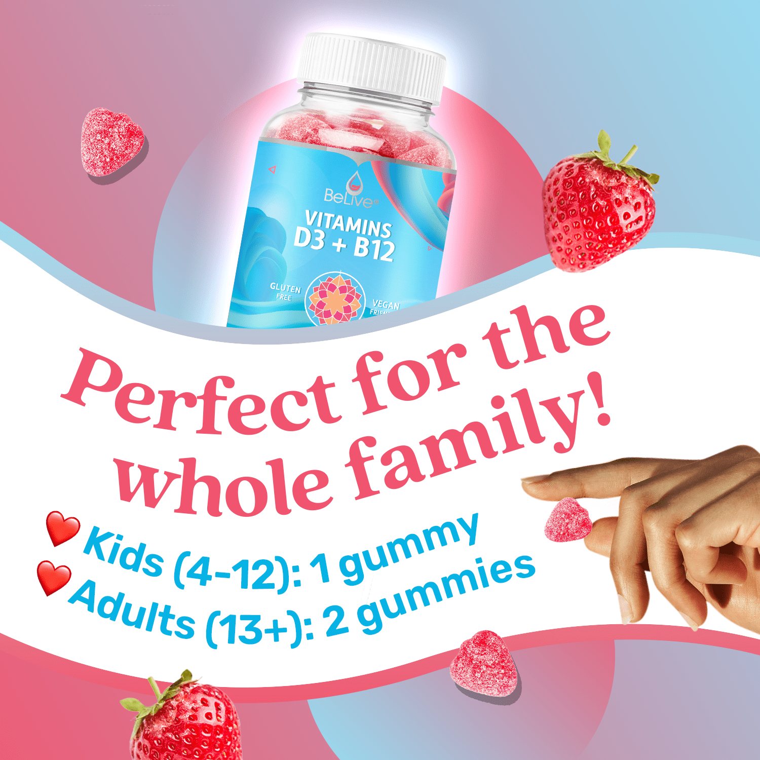 BeLive Vitamin D3 Gummies with B12 Vitamins  for Immune Support, Energy & Bone Health  Vegan Friendly, Gluten Free, Strawberry Flavor (60 Count)