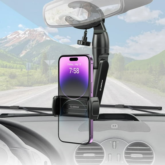 Esoulk Car Rear View Mirror Phone Holder, Mount Rotatable fits 4-7 Inch Phones, Black