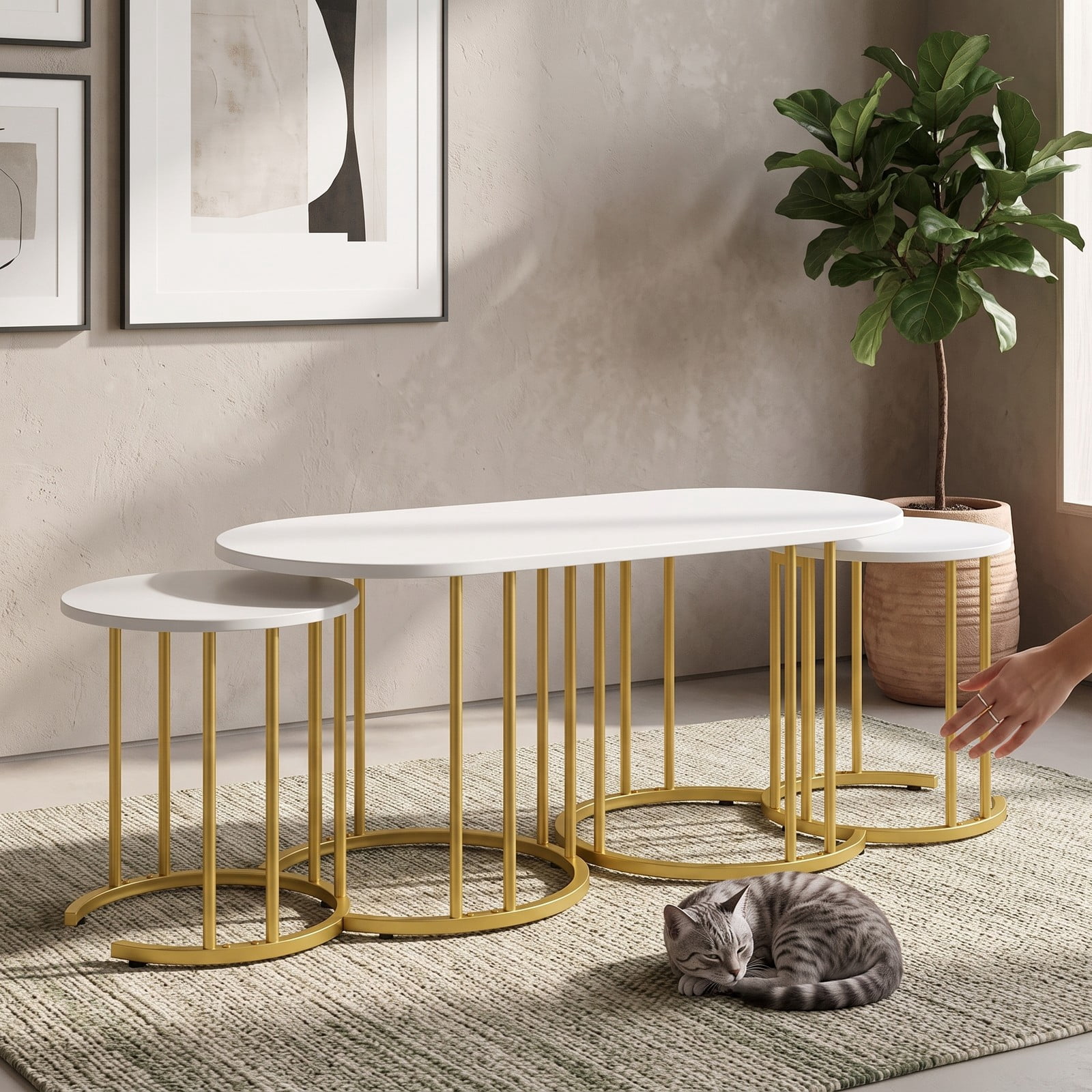 Furnibear Nesting Coffee Table Set of 3, Faux Marble Coffee Tables with Powder-Coated Gold Metal Frame, Modern Space-Saving Stackable End Side Tables for, White & Gold