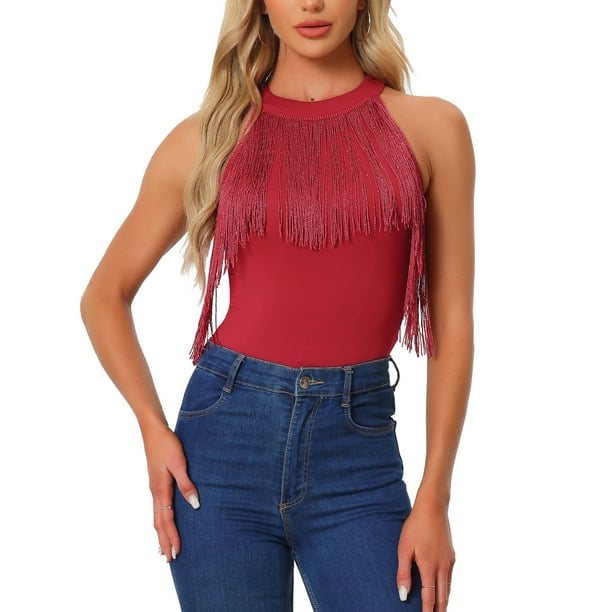 INSPIRAR CHIC Body de Mujer con Flecos Sin Mangas Cuello Halter Tops Bodycon S Rojo