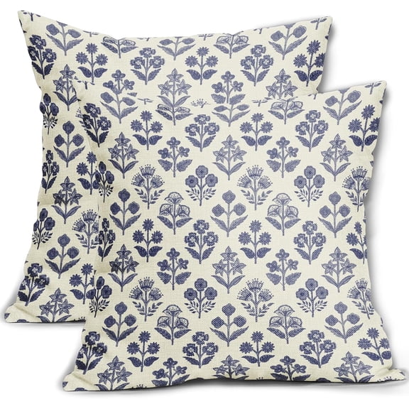 Navy Blue Floral Pillow Covers 16x16 Inch Set of 2, Vintage Flower Block Print Pattern Decorative Throw Pillowcases Outdoor Farmhouse Cushion Covers Spring Summer Rustic Sofa Couch Bed Decor