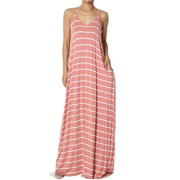 TheMogan Women's PLUS Stripe V-Neck Draped Jersey Pocket Cami Long Maxi Dress