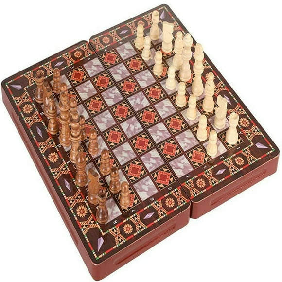 Portable Chess Set Foldable Wooden Chess Board International Chess Board Chess Game 3 In 1 Checkers Backgammon for Kids Party Family Activities -Style#D