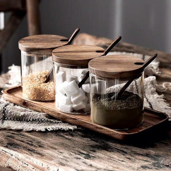 Qaailabf Wood Glass Seasoning Set with 3 Borosilicate Glass Jars, Wooden Base and 3 Spoons - Handcrafted Kitchen Storage Containers for Spices and Seasonings - Elegant Home Kitchen Organizer