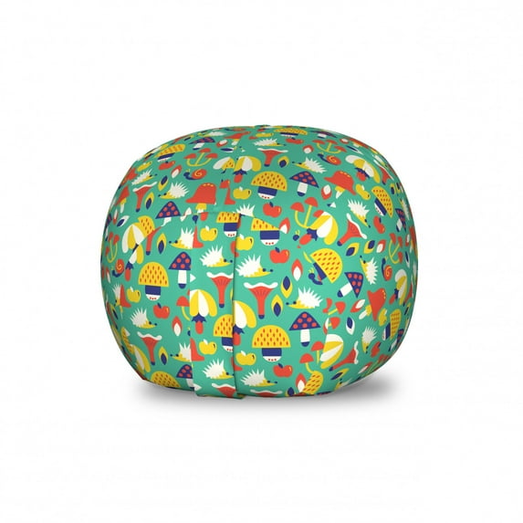 Mushroom Storage Toy Bag Chair, Continuous Composition of Hedgehog Apple Snail Cartoon Print, Stuffed Animal Organizer Washable Bag, Large Size, Dark Seafoam and Multicolor, by Ambesonne