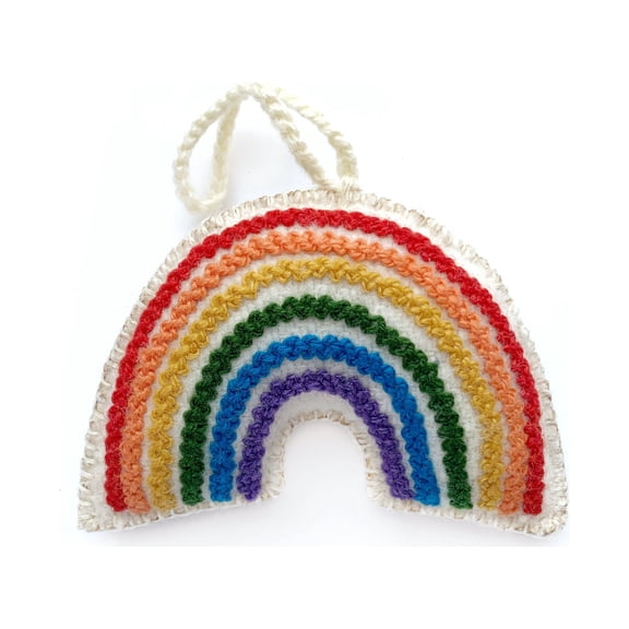 Rainbow Ornament, Bright Embroidered Wool Christmas Decor Handmade in Peru