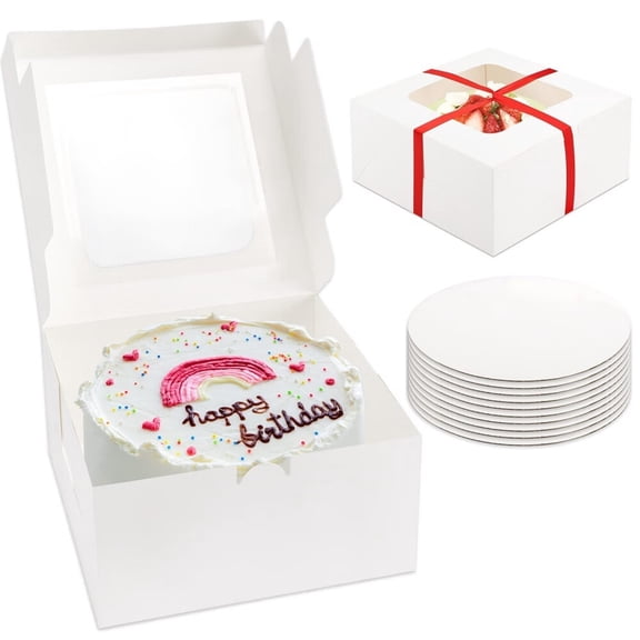 10 Sets 10x10x5 Inches Cake Boxes,10pcs White Cake Boxes and 10pcs 10 Inches Round Cake Boards,Large Cake Boxes with Red Ribbons for Cake,Pastries,Chocolates,Cookies