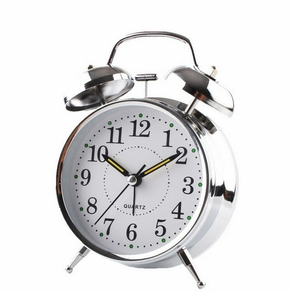 Analog Alarm Clock Twin Bell 4" Silver Metal Extra Loud Quartz Battery Operated with Backlight for Bedside Desk Vintage Retro Antique Decorative Old School, Chrome