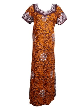Women Maroon Orange Nightwear Cotton Printed Sleepwear Maxi Dress, House Dress Holiday Boho Nightgown, Caftan Dress, L