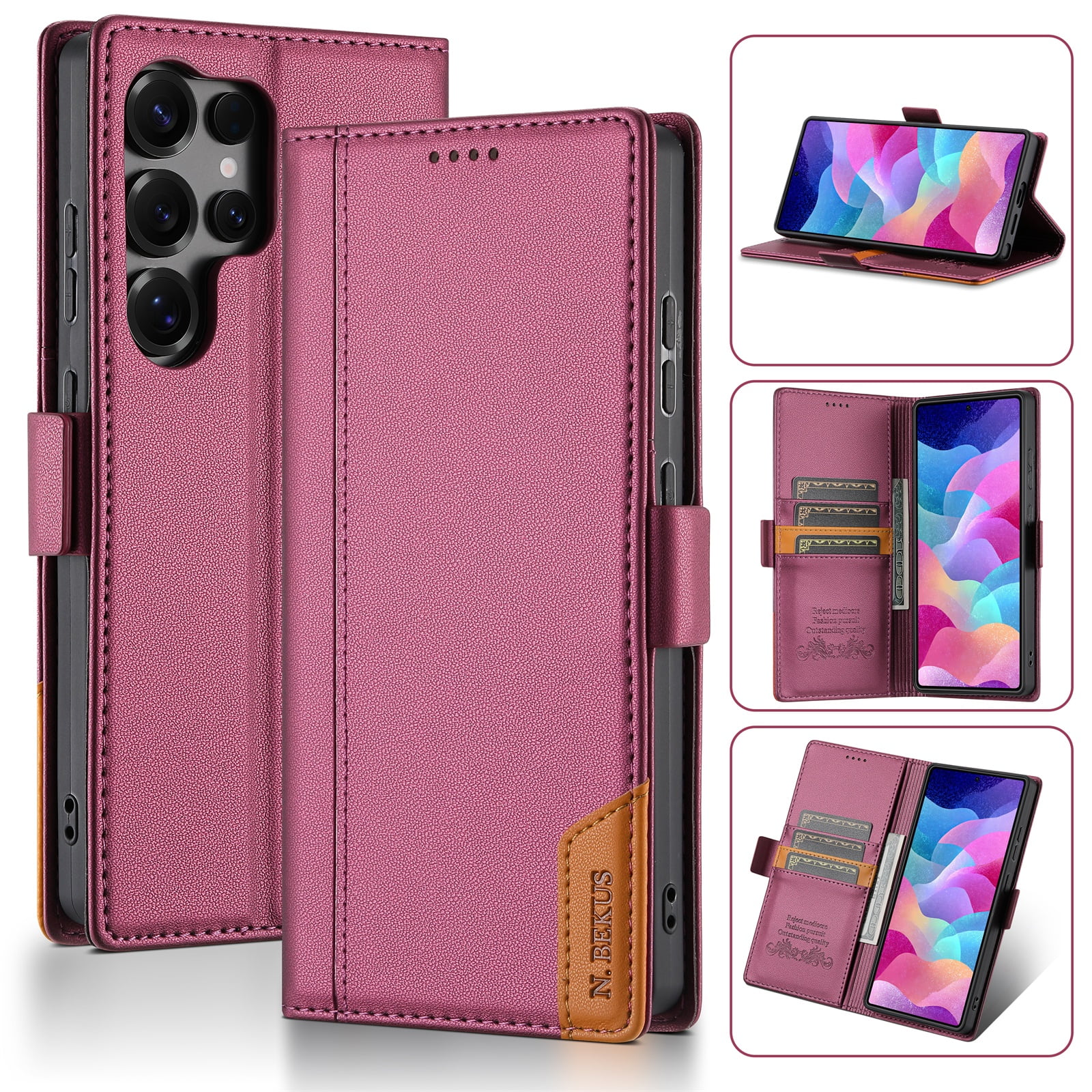 ELEHOLD For Samsung Galaxy S26 Ultra Flip Wallet Case, Business Shockproof Leather Flip RFID Card Slot Cover , Winered