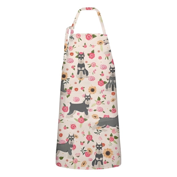 Schnauzer Dog and Flower Floral Apron-Garden Aprons for Women with Pockets-Cotton Linen Waterproof Kitchen Cooking Gardening Aprons Adjustable for Kitchen,Cooking,BBQ and Salon 33x27 Inch