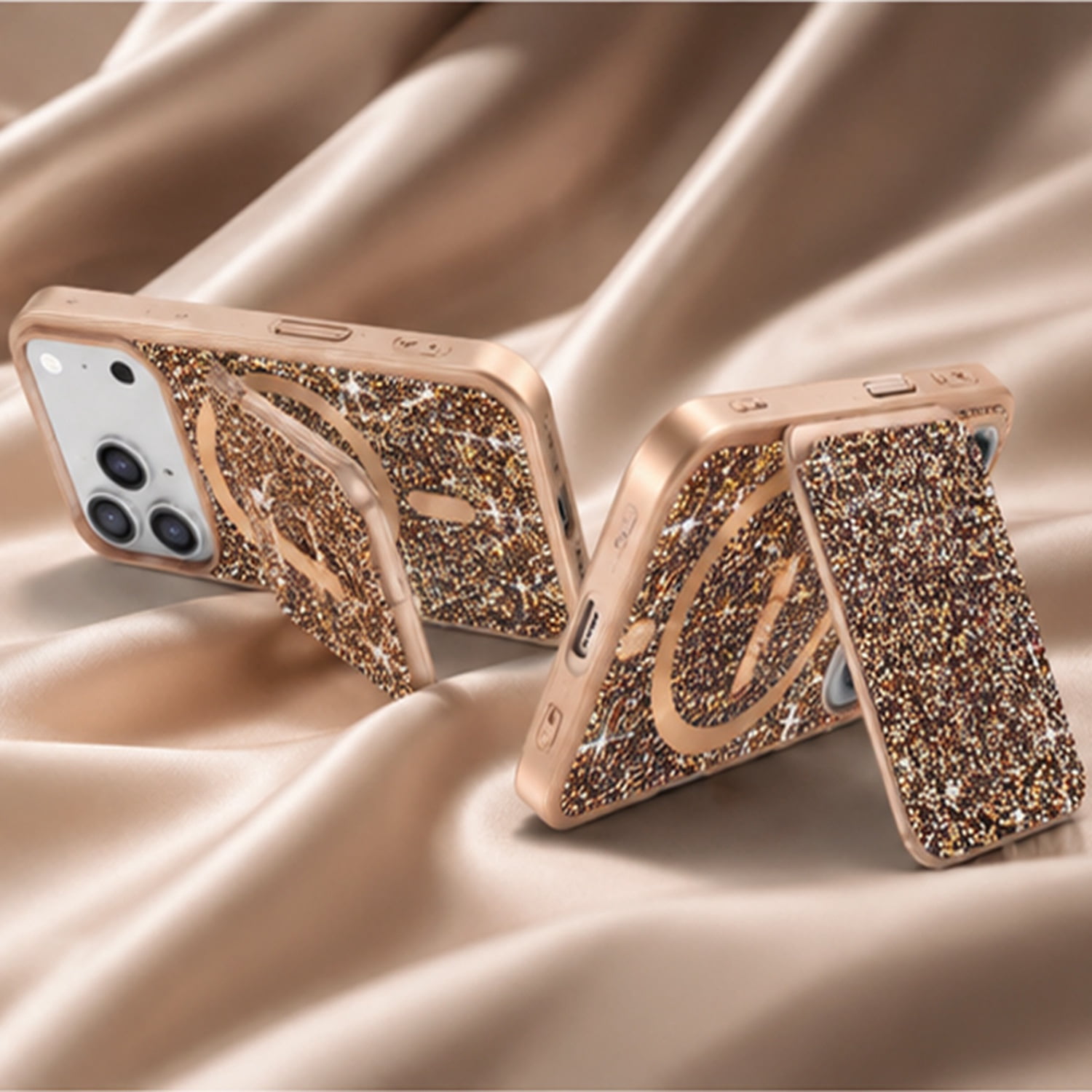 Magnetic Dual-Layer Diamond Protection Case with Wallet Slot for iPhone 17 Pro Max - Gold