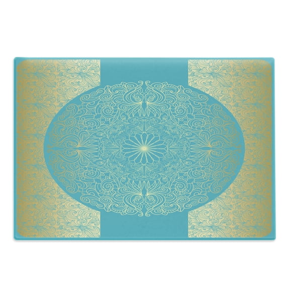 Mandala Cutting Board, Vibrant Framework Design Circular Floral and Borders Exotic Royal, Decorative Tempered Glass Cutting and Serving Board, Large Size, Sky Blue and Yellow, by Ambesonne