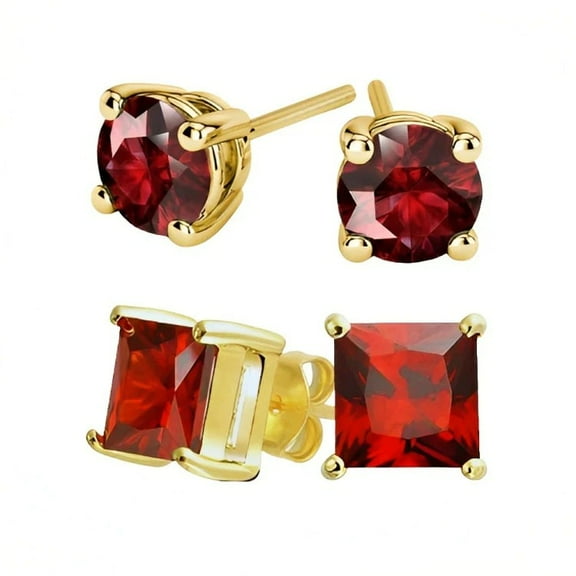Bonjour Jewelers 18k Yellow Gold 2 Pair Created Ruby 4mm Round & Princess Cut Stud Earrings Plated