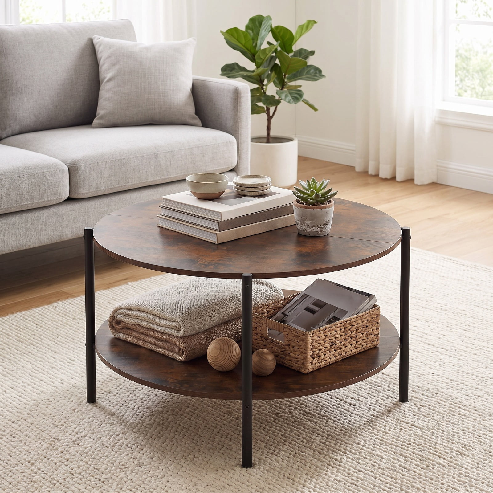 Furnibear Round Industrial Coffee Table 2 Tier Accent Table with Open Storage Shelf for Living Room Rustic Farmhouse, Rustic Brown