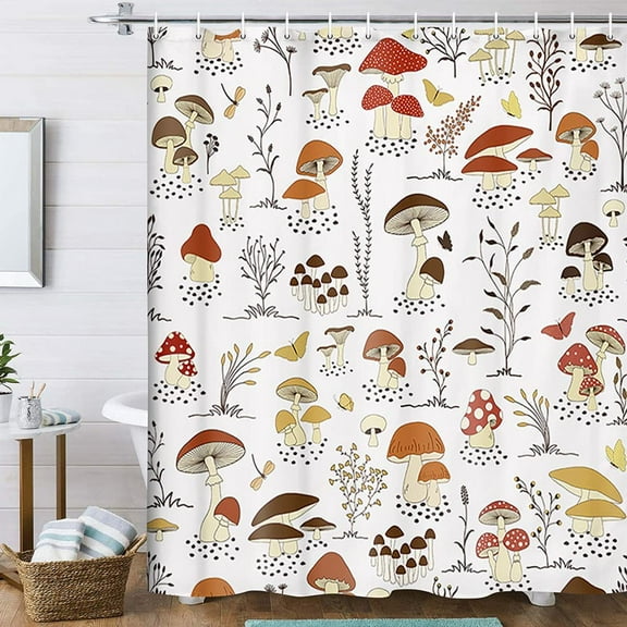 Cartoon Mushrooms and Butterflies Shower Curtain for Bathroom, Colorful Wild Plants and Fungus Shower Curtain Set, Cute Natural Plants Abstract Art Fabric Modern Kids Bath Curtain 12PCS Hooks