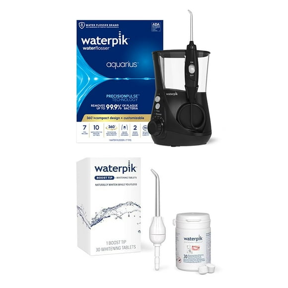 Bundle with Waterpik Aquarius Water Flosser, Black WP-662 and Boost Flossing Tip with 30 Whitening Tablets, Electric Dental Countertop Professional Oral Irrigator, Genui