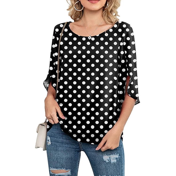 Qarigey Camisa de mujer Estampado de media manga Top Camisa de mujer Estampado de medio cuello Blusa informal Prendas para la parte del cuerpo puntos blancos negros XXL