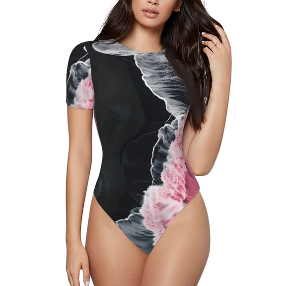 Rateoe Pink White Ocean Waves Printed Women Rash Guard Short Sleeve,Tummy control Swimsuit Surfing Swimsuit Bathing Suit Short-sleeved Onesie UPF 50  -Small