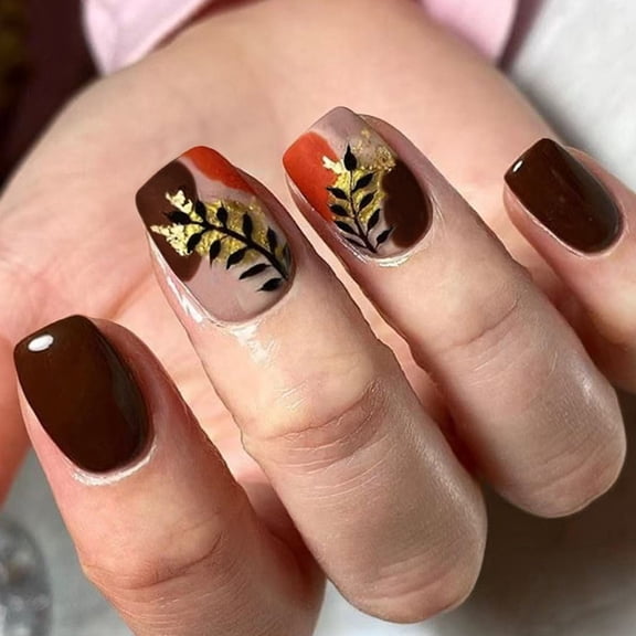 Press On Nails Manicure Gold Foil Glitters Design Fall Winter Color Pattern Reusable Artificial Nails Assorted