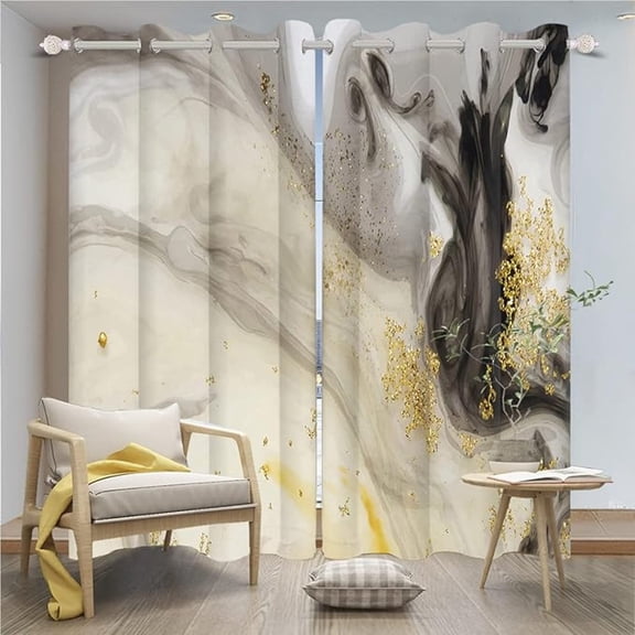 Cream Blackout Curtains Thermal Insulated Curtains Black Gold Marble Room Darkening For Living Room Bedroom Black Out Window Drapes Treatments 42"W x 96"L (Pack of 2)