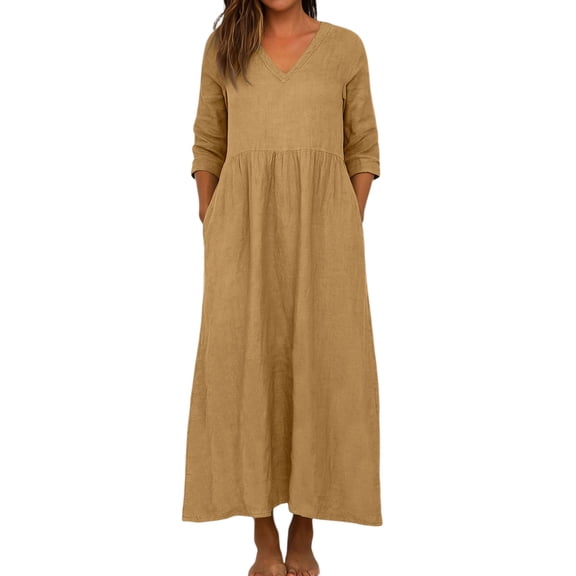 ZHYou Womens Long Dresses Linen Blend V-Neck 3/4 Sleeve Loose Fit Tiered Maxi Dresses with Pockets,Khaki,L
