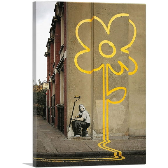 ARTCANVAS Yellow Lines Flower Painter Canvas Art Print by Banksy - Size: 26" x 18" (0.75" Deep)