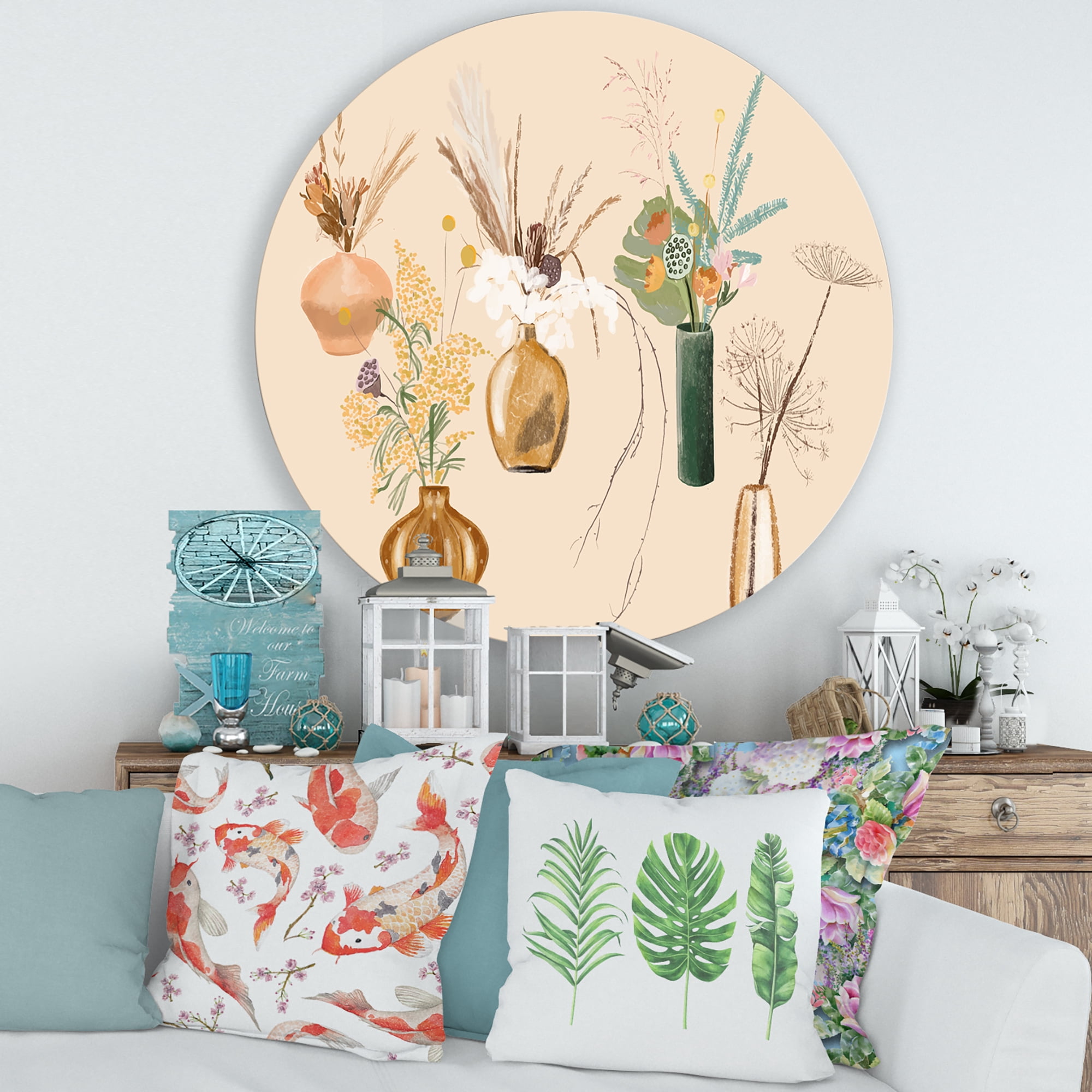 Designart 'Gold Vases With Bouquets Of Wildflowers III' Traditional Circle Metal Wall Art 29x29 - Disc of 29