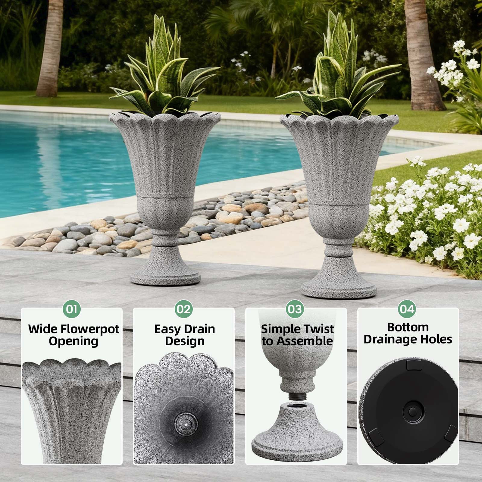 Chiccushion 23.6" Large Urn Planters for Outdoor Plants, Set of 2 Plastic Flower Pot for Wedding Party Bridal Shower Garden Patio Home Decor, Gray