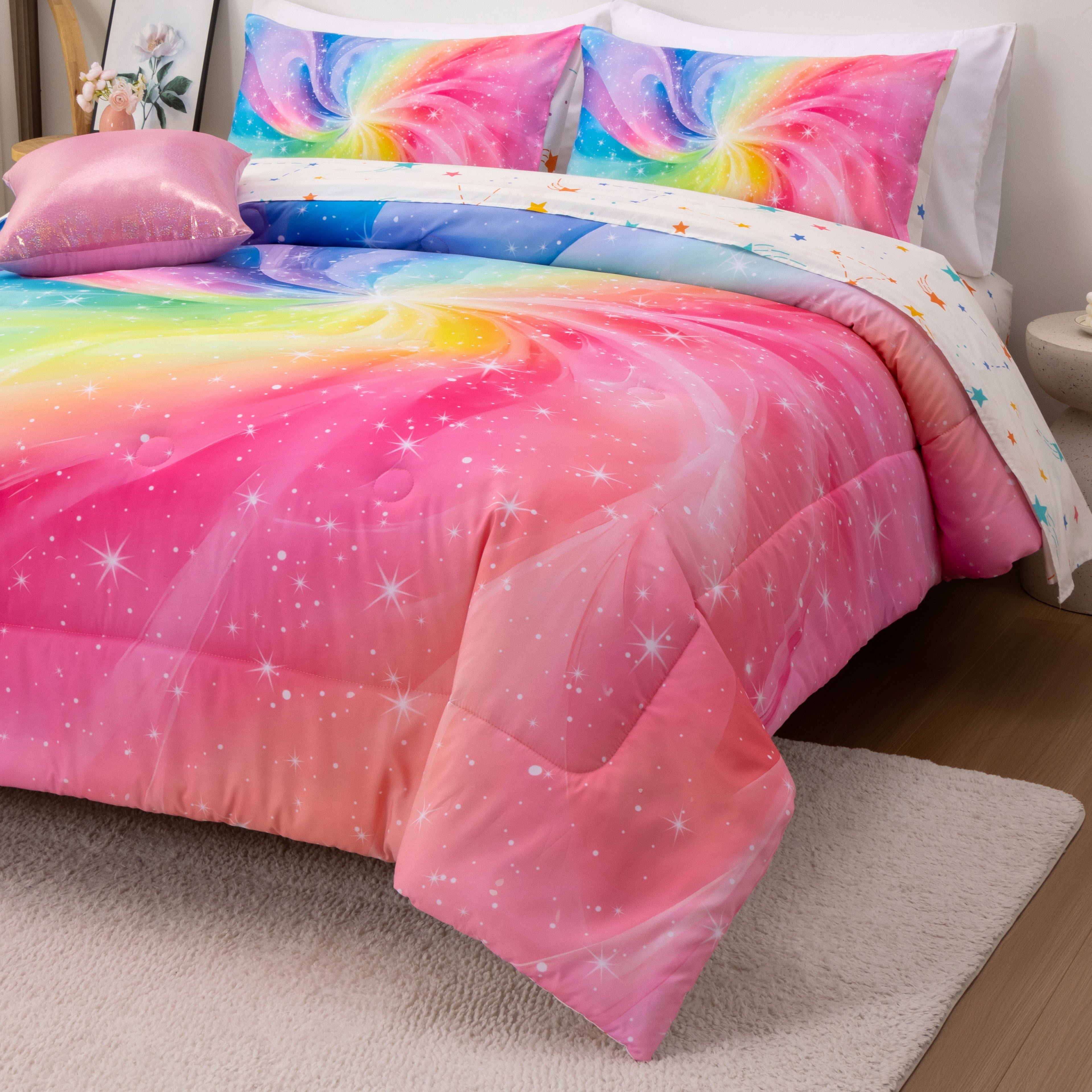 NTBED 6Pcs Twin Swirling Galaxy Dreamy Comforter Set, Colorful Rainbow Gradient Glitter Tie Dye Comforters, Ultra Soft Bedding Set (Pink, Twin 6Pcs)