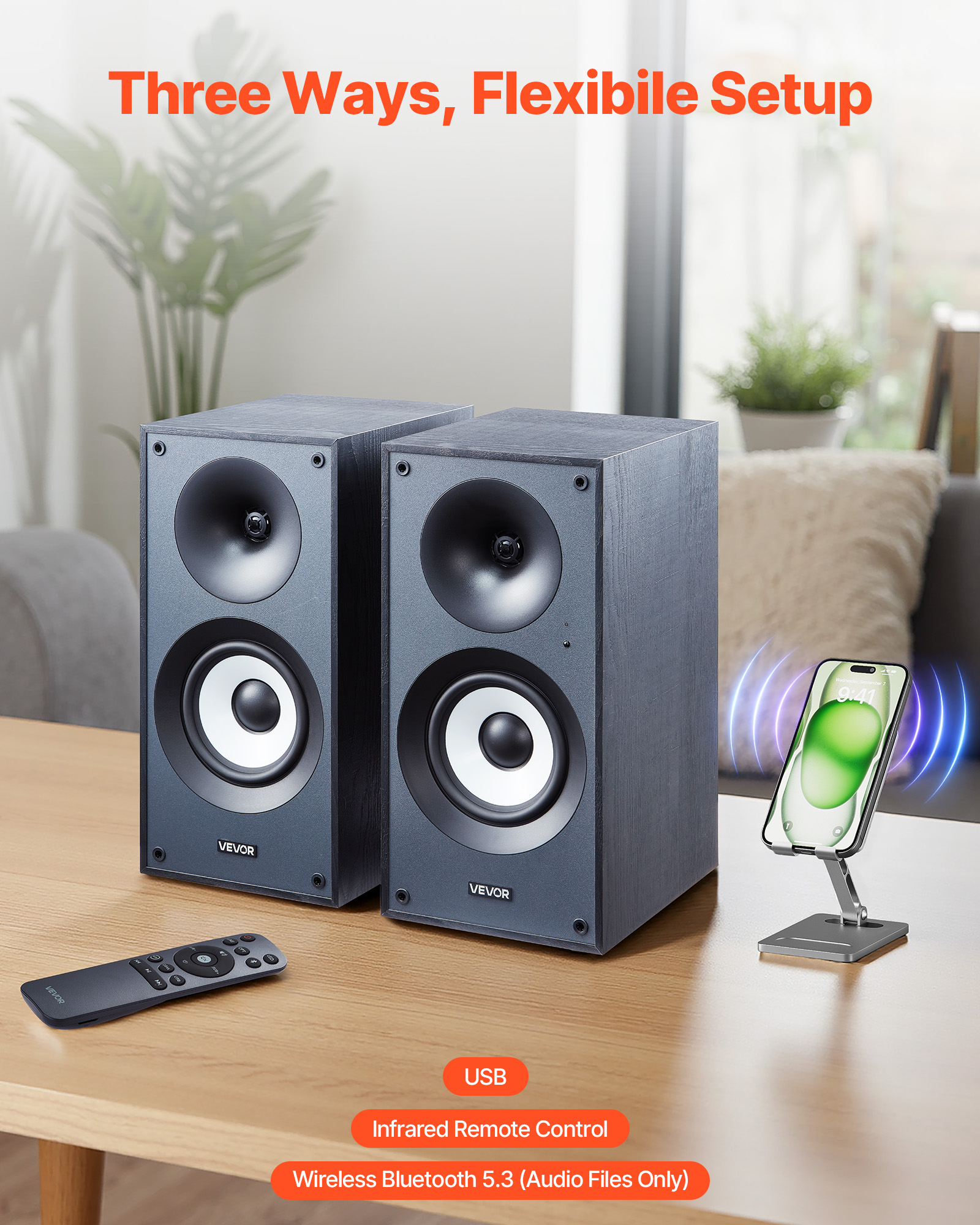 VEVOR Powered Bookshelf Speakers, 25W x 2,Active Studio Monitor Speaker with 5.5 Inch Woofer,Bluetooth/RCA/Coaxial/Optical/USB/Subwoofer Connection,Wooden Enclosure,for Record Player Turntable PC
