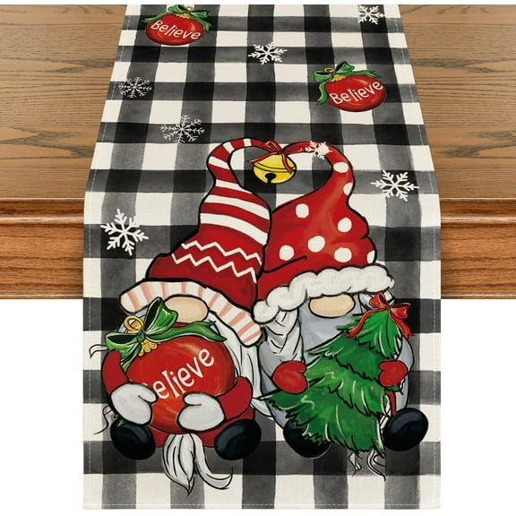 Buffalo Plaid Gnome Bell Xmas Tree Christmas Table Runner, Seasonal Winter Kitchen Dining Table Decoration for Home Party Decor 13x48 Inch