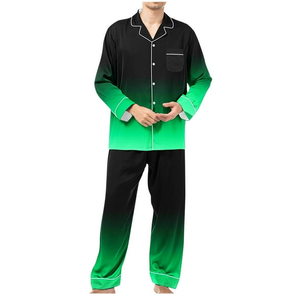 Rohuuque Men's Cotton Pajamas Set Gradient Button Down Collared Pajamas Shirts with Pocket Elastic Waisted Pants Sleepwear Green