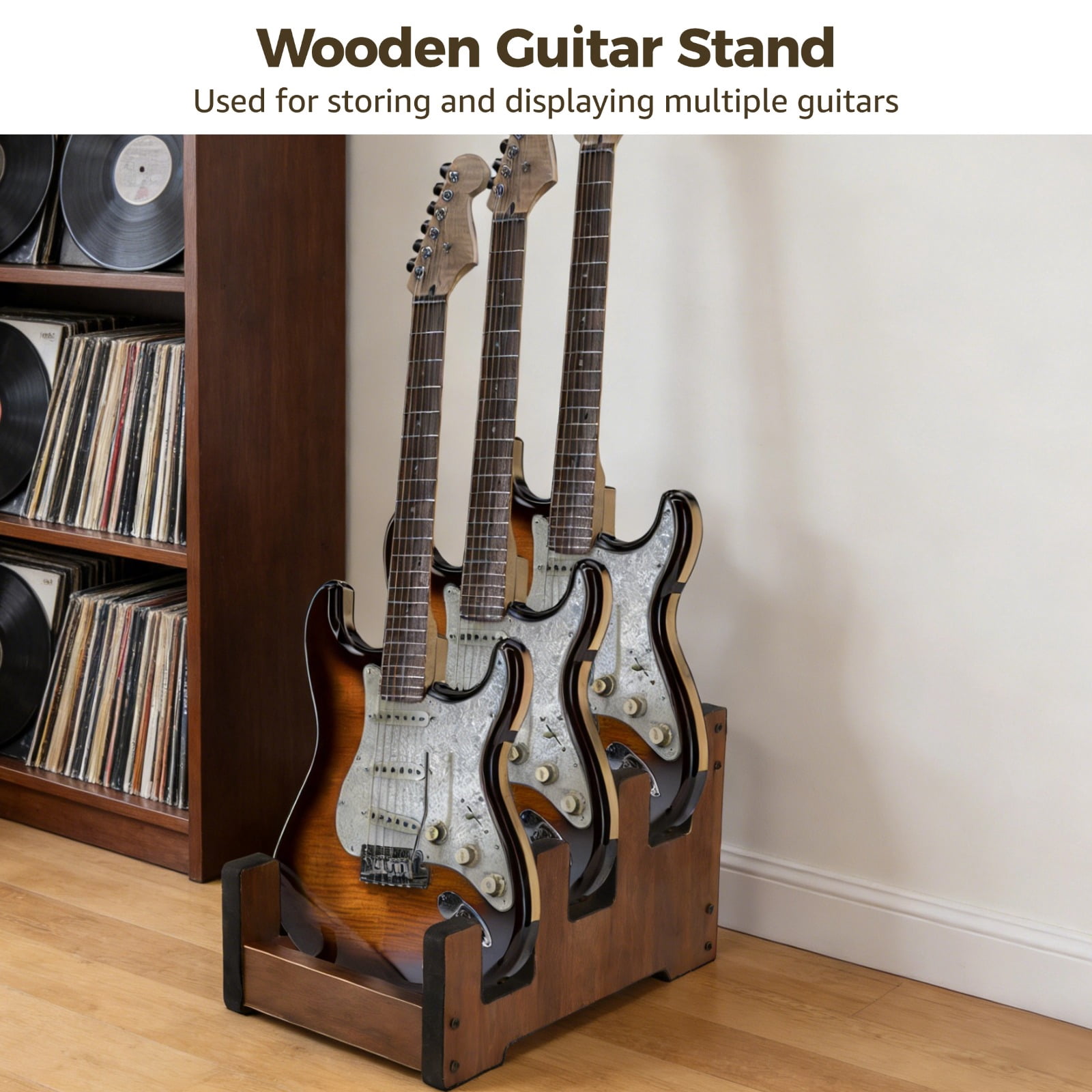 Wood Multi Guitar Stand for 3 Guitars, Space-Saving Guitar Floor Stand, Plywood Guitars Holder Storage Rack, 12.99 x 8.66 x 4.53 in for Bass, Acoustic, Electric Guitars