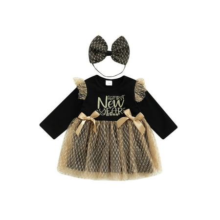 

Toddler Baby Princess Dress Girls Long Sleeve Round Neck Letter Print Tulle Patchwork Dress+Headband
