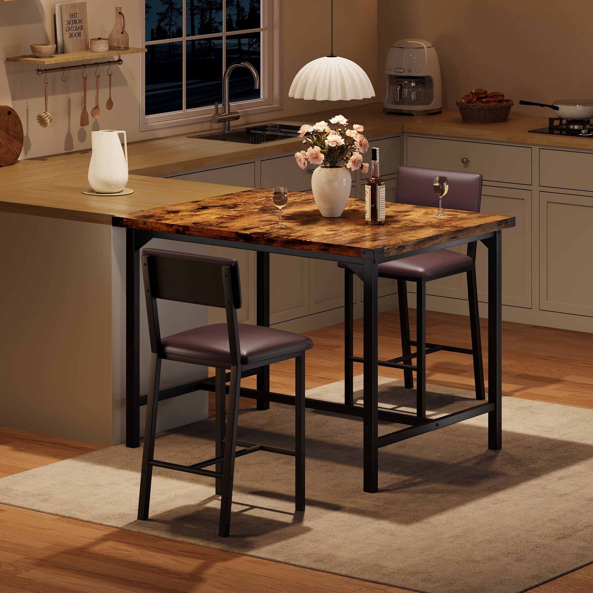 3-Piece Counter Height Dining Table Set for 2 – Includes Upholstered Bar Chairs with Backrest, Footrest, and Corner Protector – Perfect for Small Kitchens, Dining Rooms, Apartments