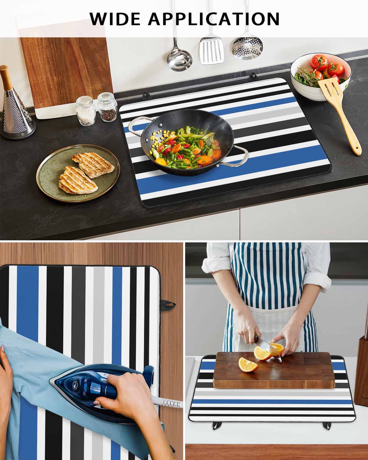 nqOlkjepod Large Induction Cooktop Protector Mat 24"x21", Navy Blue Black Stripe Stove Top Covers for Electric Stove, Modern Abstract Coarse Striped Stove Burner Cover Mats, Glass Top Stove Cover