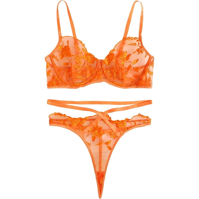 Conjunto de lencería sexy de 2 piezas con apliques de malla tanga y brasier y tangas para mujer Florales Naranja M Florales Naranja M Xishao ropa