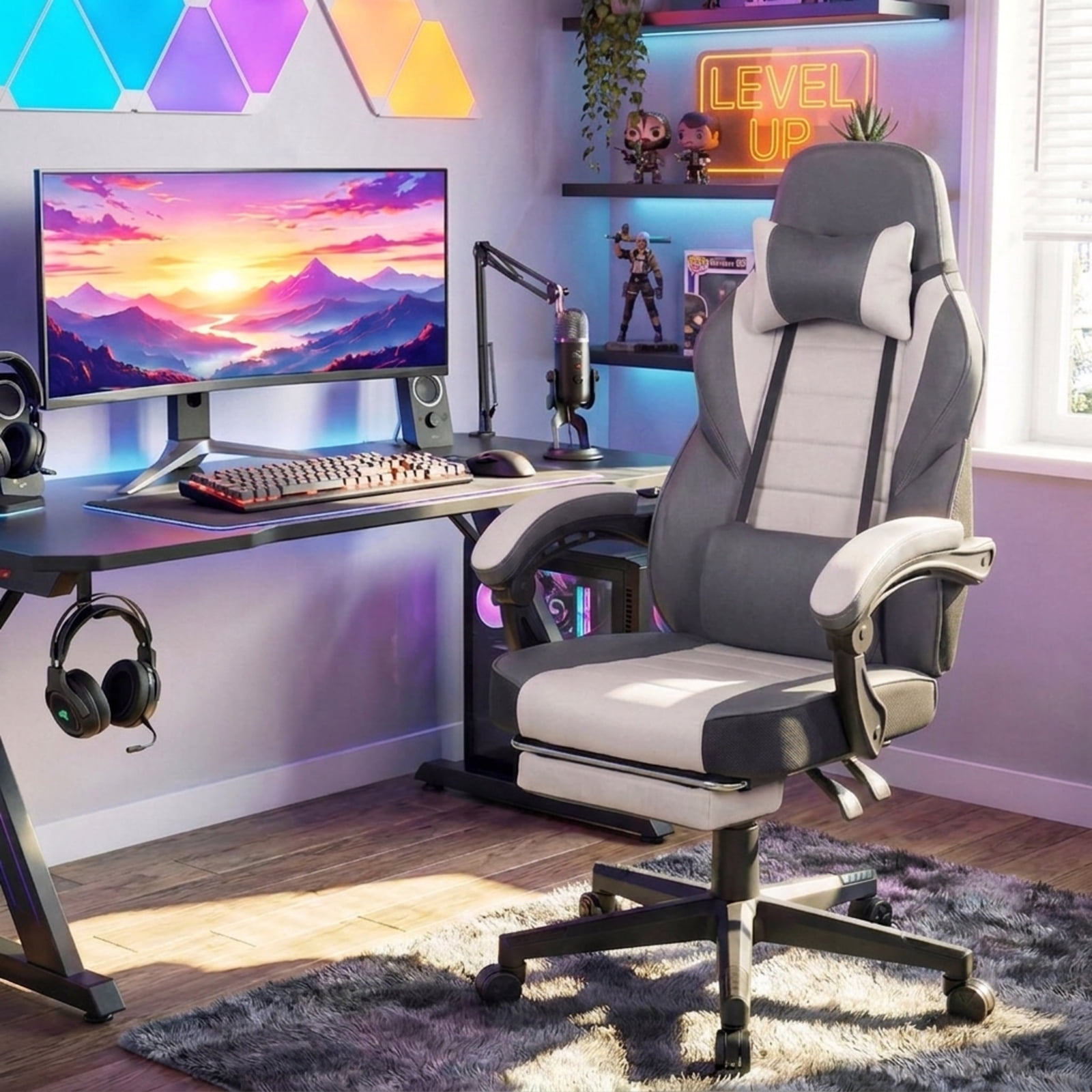 Furnibear Ergonomic Video Game Chair with Headrest 155 Degree Reclining Backrest Retractable Footrest and Swivel Base for Home Office, Gray