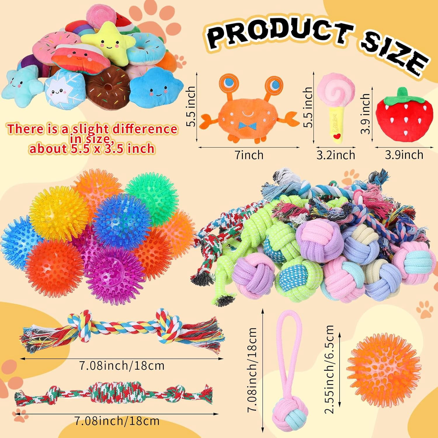 60 Pcs Squeaky Dog Toys Bulk Stuffed Plush Chew Toys Puppy Teething Rope Cute Spiky Chew Ball for Small Dog Pet Teething Gift(Lovely Style)