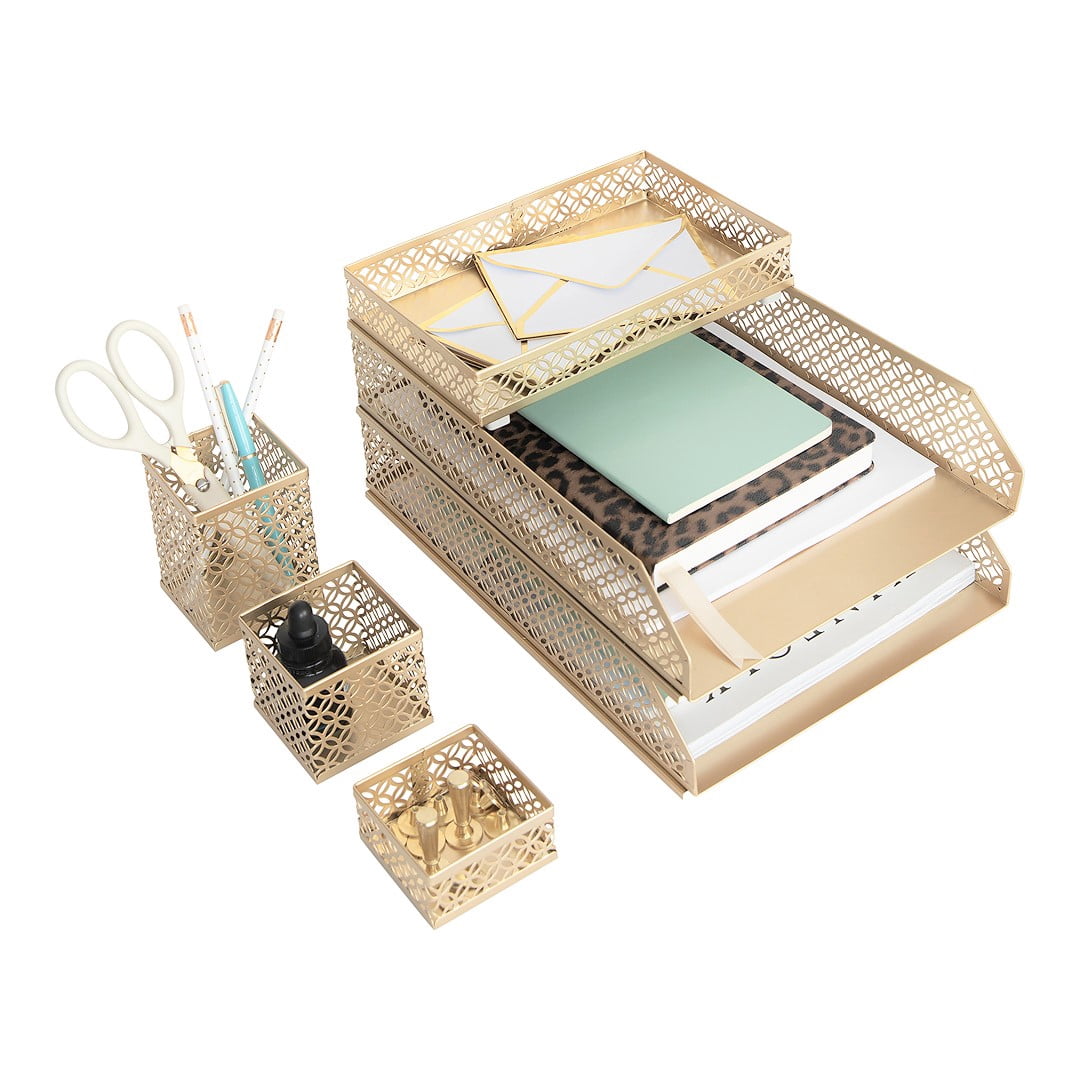 Blu Monaco Riviera 6 Piece Gold Interlocking Desk Organizer Set