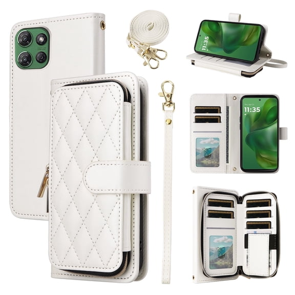 Furiet Argyle Wallet Case for Motorola Moto G Power 5G 2025 with Wrist/Shoulder Strap, Card Slots Zipper Purse Luxury PU Leather Stand Checkered Cell Phone Cover for XT2515-1 Women Girls White