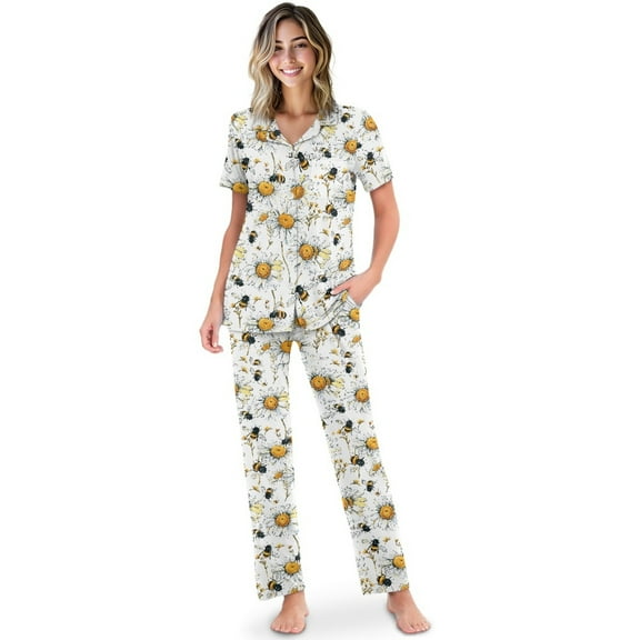 TSOVTHRID Daisy Bee Print Pajama Set for Women Short Sleeve Loungewear with Long Pants Soft Button Down Pajama Sets, S