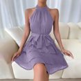 thumbnail image 3 of Women's Mini Dresses Halter Neck Sleeveless Chiffon Dresses Party Date Style Lightweight Breathable Tiered Ruffle Hem Loose Fit Dresses, 3 of 8