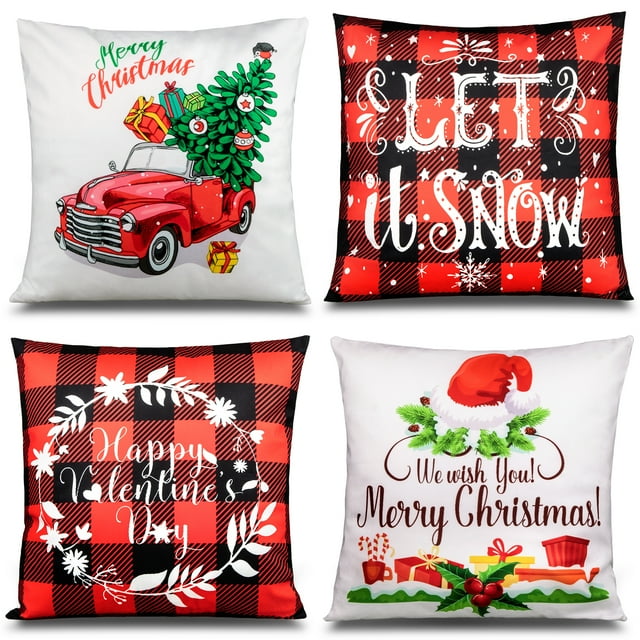 Christmas Pillow Covers 18x18 Set of 4 Red Buffalo Plaid, Decorative