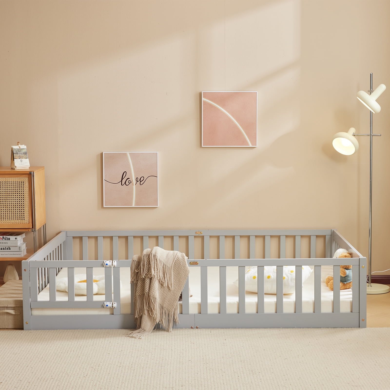 Ktaxon Montessori Full Floor Bed with Safety Guardrails, Wood Bed Frame, Gray