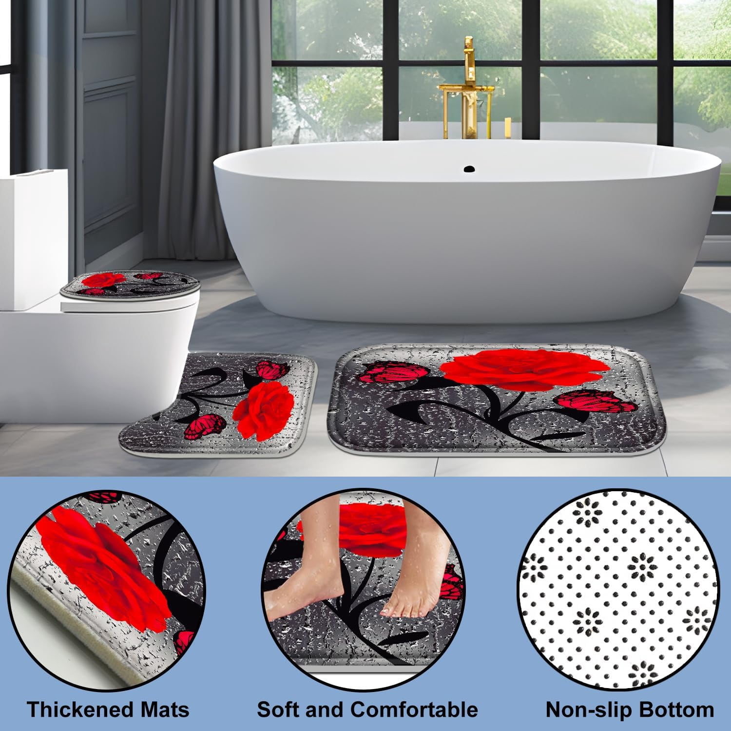 4 Pcs Bathroom Set,Orange Rose Shower Curtain Sets, Romantic Shower Curtain Sets with Rugs(Bath Mat,U Shape and Toilet Lid Cover Mat) and 12 Hooks