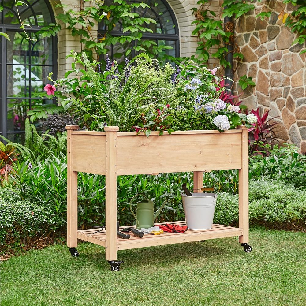 Renwick Fir Wood Planting Bed with Shelf & Wheels, Wood