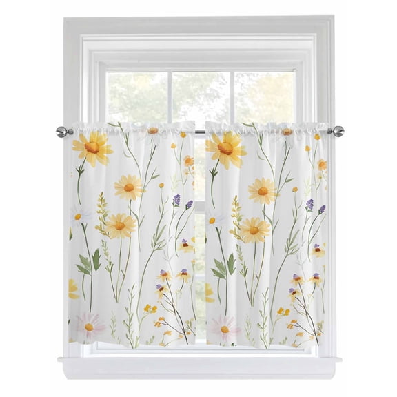 Kitchen Curtains 45 Inches length, Yellow Daisy Floral Window Treatment Curtain Drapes, Spring Rustic Botanical Flowers Lightweight Window Panels for Living Room Bedroom, 52"x45", 2 Panels