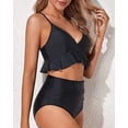 thumbnail image 4 of Women Two Piece Swimsuits High Waisted Ruffle Flounce Bikini V Neck Tummy Control Bathing Suit Solid Black (2XL, 4 of 6